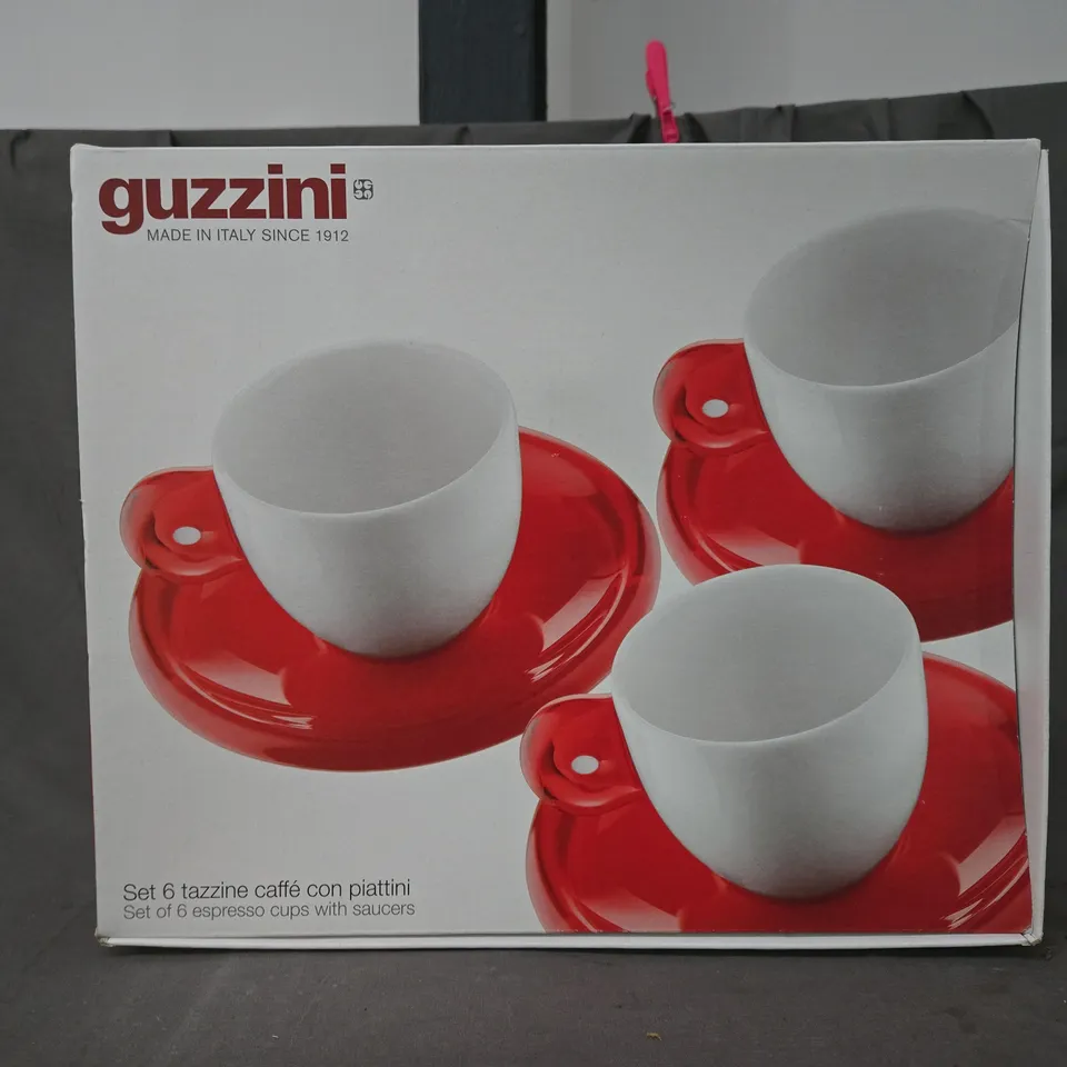 BOXED GUZZINI SET OF 6 ESPRESSO CUPS WITH SAUCERS