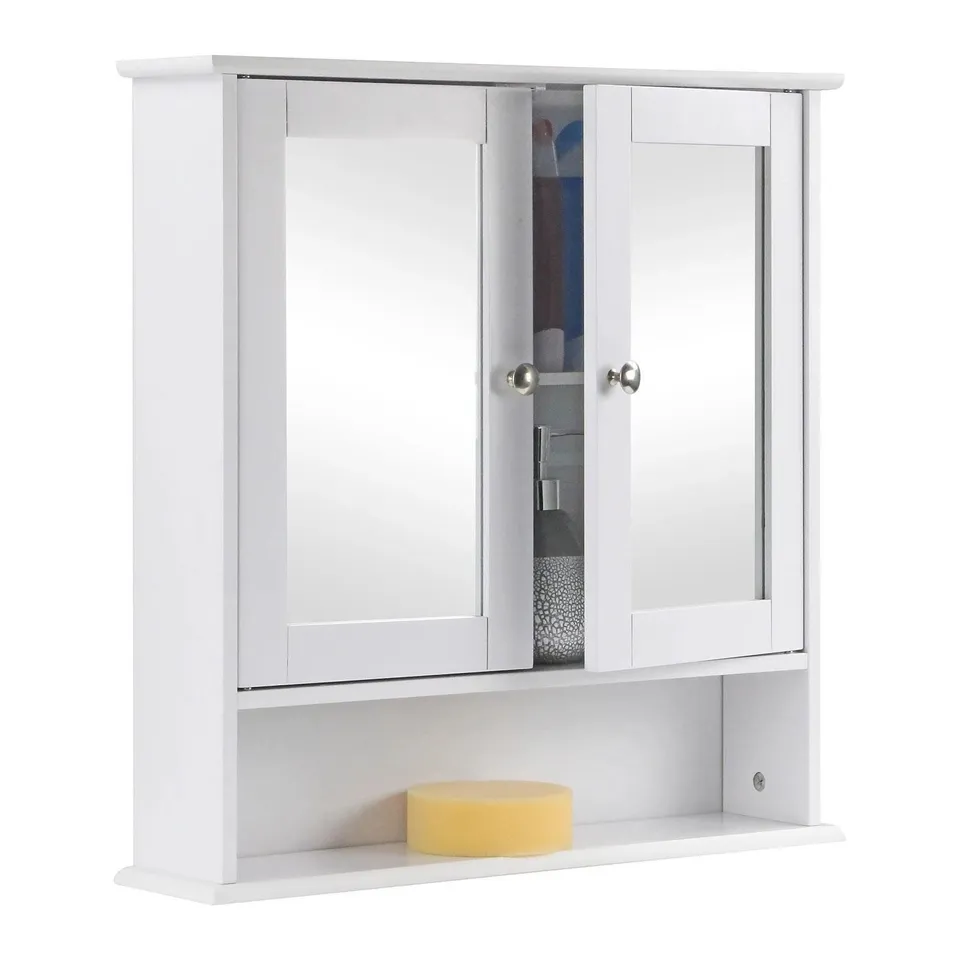 BOXED WALL MOUNTED WHITE 2 DOOR DOUBLE MIRROR WOODEN BATHROOM CABINET SHELF UNIT