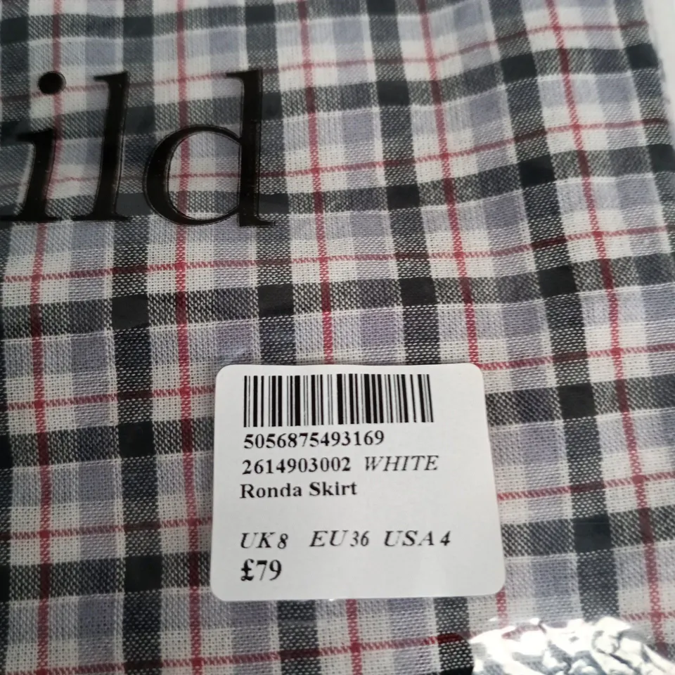 NOBODY'S CHILD RONDA SKIRT – WHITE CHECK, UK 8 (EU 36 US 4)