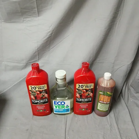ASSORTED GARDEN LIQUIDS: TOMORITE TOMATO FEED (2 X 1.2L), ECO VER BOTTLE, WORM FOOD (FISHING)