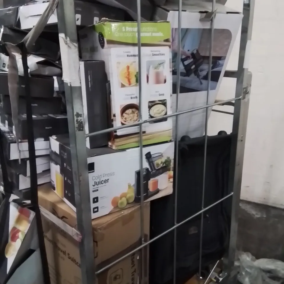 CAGE OF ASSORTED HOUSEHOLD GOODS AND PRODUCTS TO INCLUDE;SUITCASE,ELECTRIC HOT WATER BOTTLES,JUICER,VACUUM CLEANER