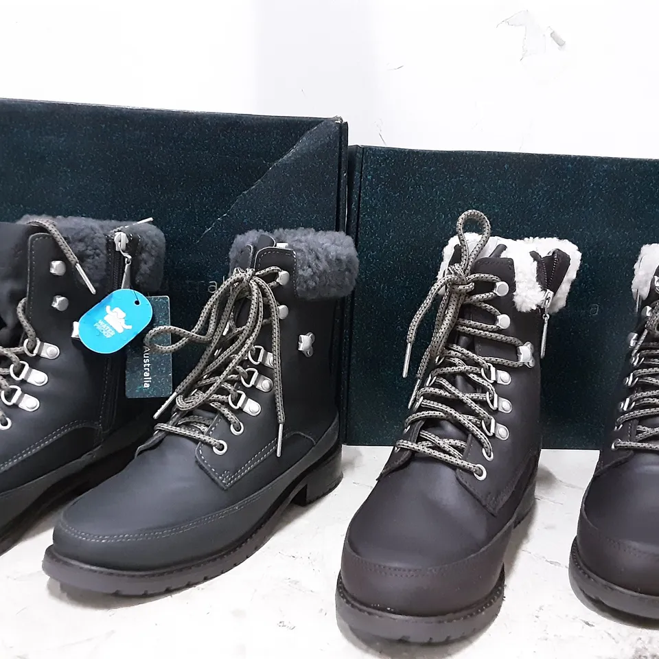 BOXED 4 PAIRS EMU AUSTRALIA UNISEX BOOTS , 3 PAIRS GREY SIZE 5 AND 1 PAIR ESPRESSO 9