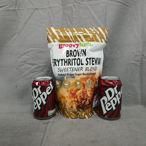 APPROXIMATELY 10 ASSORTED FOOD AND DRINK ITEMS TO INCLUDE DR PEPPER, AND BROWN SUGAR REPLACEMENT