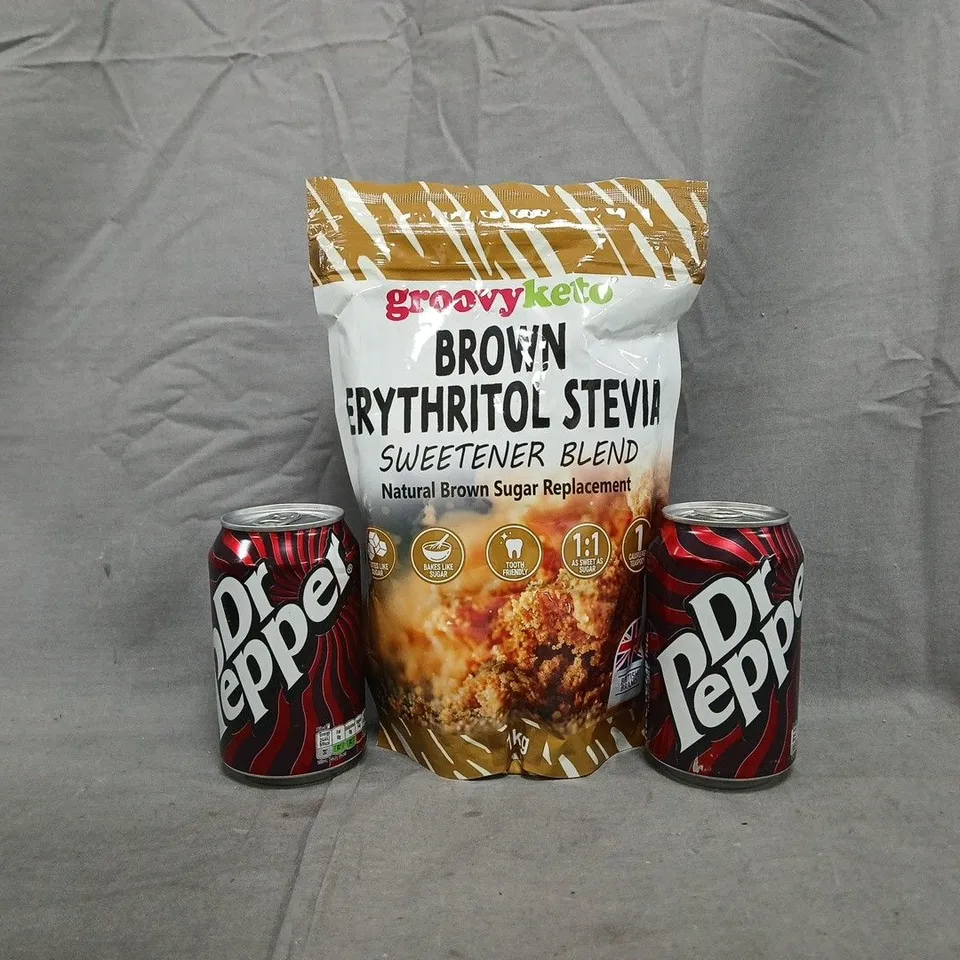 APPROXIMATELY 10 ASSORTED FOOD AND DRINK ITEMS TO INCLUDE DR PEPPER, AND BROWN SUGAR REPLACEMENT