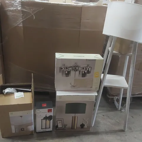 PALLET TO CONTAIN A VERY LARGE QUANTITY OF DESIGNER INDOOR LIGHTING PRODUCTS TO INCLUDE: FLOOR LAMP, CEILING LIGHT, WALL LANTERN, TABLE LAMP ECT