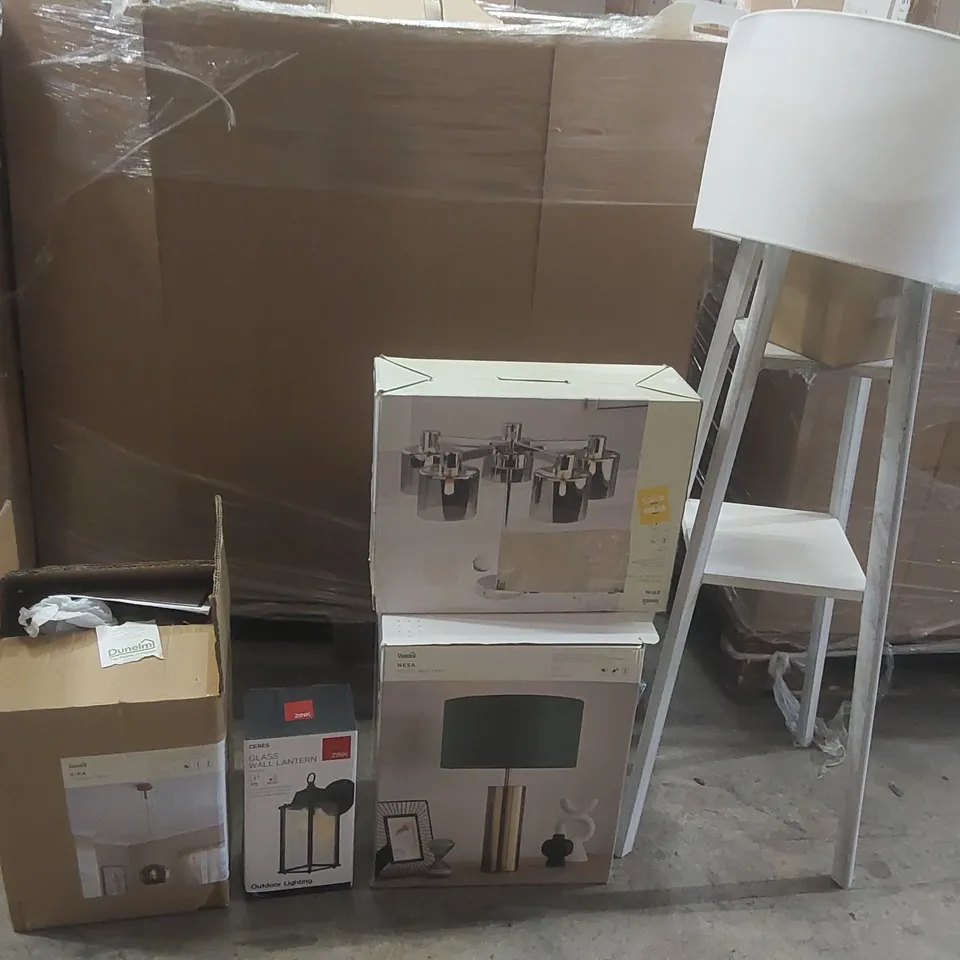 PALLET TO CONTAIN A VERY LARGE QUANTITY OF DESIGNER INDOOR LIGHTING PRODUCTS TO INCLUDE: FLOOR LAMP, CEILING LIGHT, WALL LANTERN, TABLE LAMP ECT