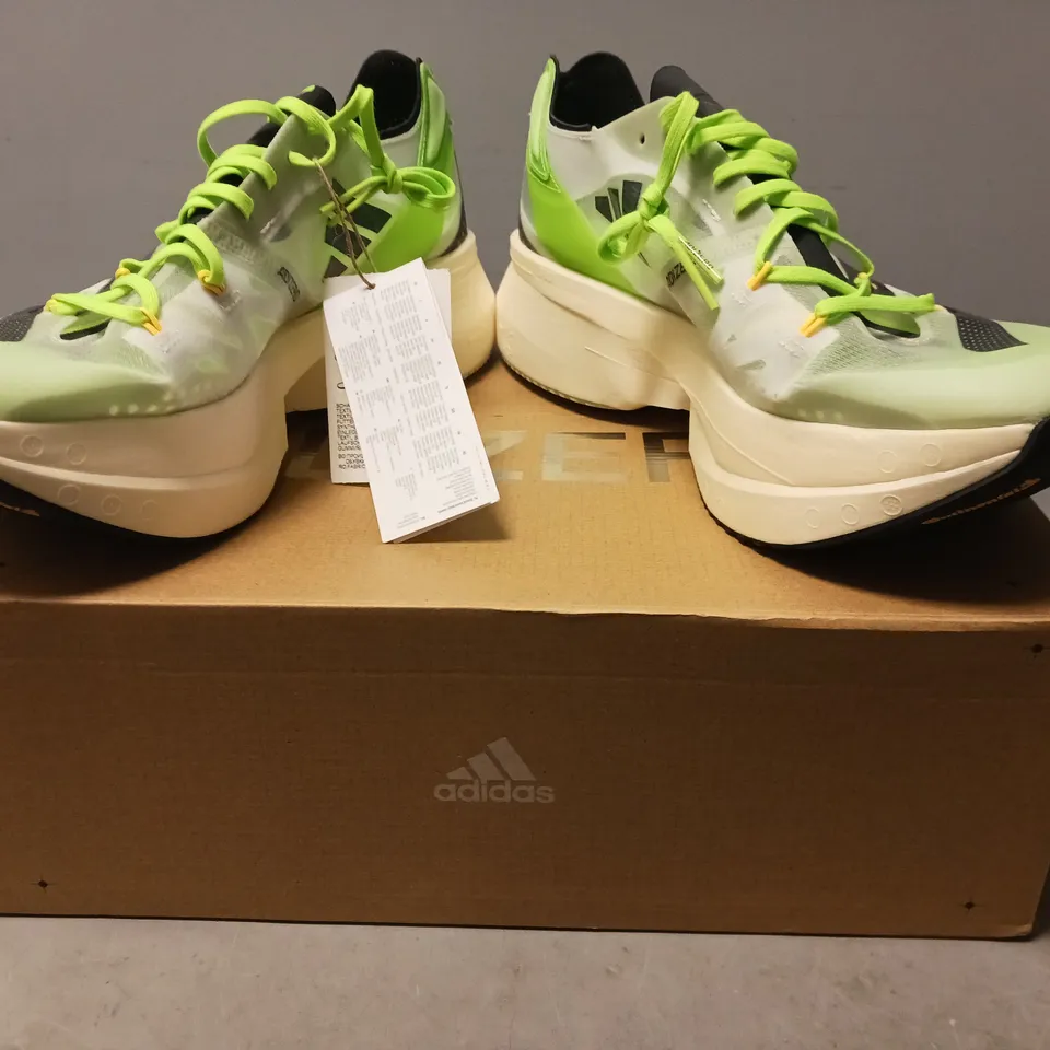 BOXED PAIR OF ADIDAS ADIZERO PRIME X SHOES IN CLEAR/GREEN UK SIZE 10