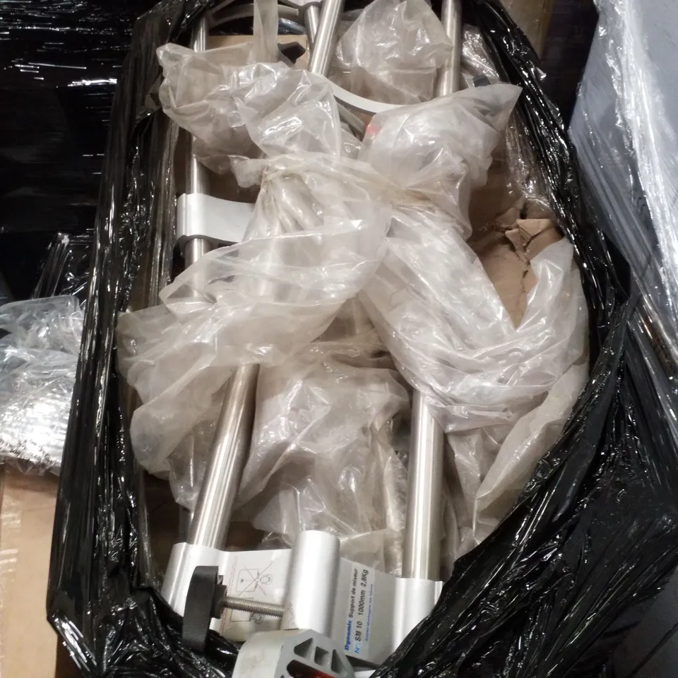 PALLET CONTAINING ASSORTED CATERING SUPPLIES INCLUDING GLASSWARE, SUPPORTS FOR MIXER, PEDAL BIN & CLEANING SUPPLIES