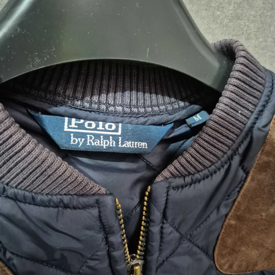 POLO BY RALPH LAUREN QUILTED NAVY VEST WITH BROWN SUEDE SHOULDER PATCHES, MEN'S, SIZE M