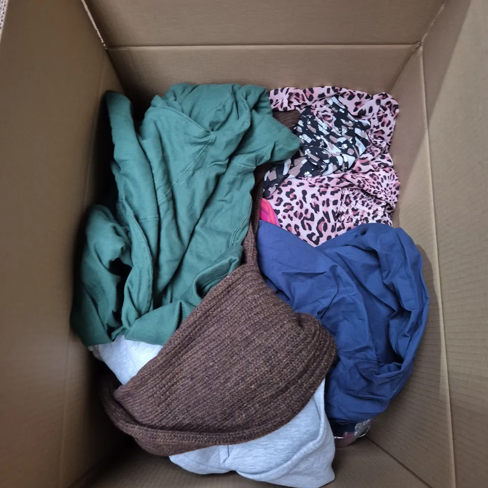 LARGE BOX OF ASSORTED CLOTHING ITEMS IN ASSORTED COLOUR, SIZES AND STYLES