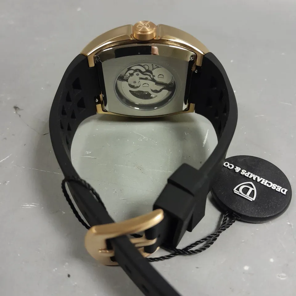 MENS AUTOMATIC DESCHAMPS & CO WATCH – SKELETON DIAL – GLASS EXHIBITION BACK CASE – RUBBER STRAP