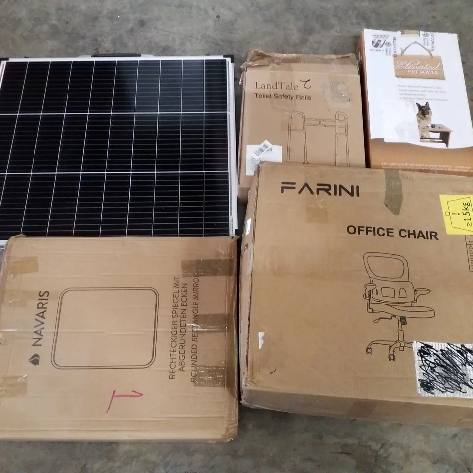 PALLET CONTAINING ASSORTED PRODUCTS INCLUDING SOLAR PANEL, OFFICE CHAIR, TOILET SAFTEY RAIL, RECTANGULAR MIRROR, PET BOWLS