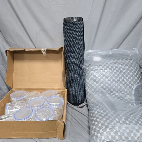 CAGE OF APPROXIMATELY 10 ASSORTED HOUSEHOLD ITEMS TO INCLUDE - STORAGE POTS WITH LIDS - RUG - MEMORY FOAM PILLOW - COLLECTION ONLY