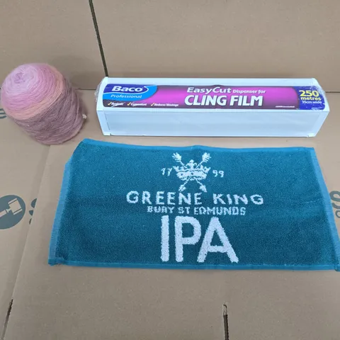 LARGE QUANTITY OF ASSORTED ITEMS TO INCLUDE CLING, FILM DISPENSER, GREENE KING BEER TOWELS, BALL OF YARN ETC - COLLECTION ONLY