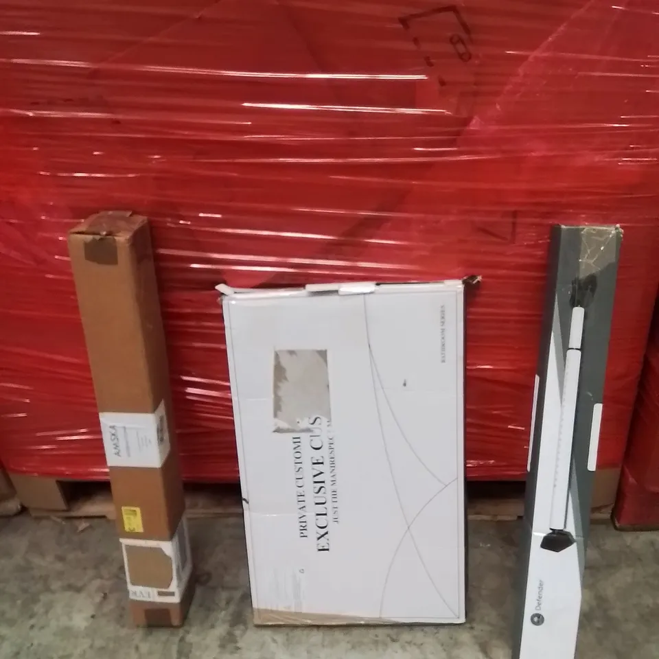 PALLET OF ASSORTED HOUSEHOLD GOODS AND PRODUCTS TO INCLUDE;DOOR BRACE,TOWER RACK,CARPET RODS 