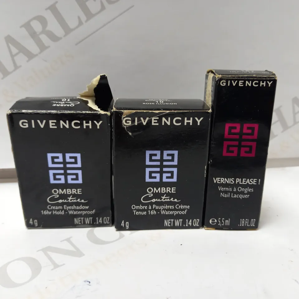 LOT OF 3 GIVENCHY PRODUCTS TO INCLUDE 2 X OMBRE COUTURE CREAM EYESHADOW - 10 ROSE ILLUSION & NAIL LACQUER 169 ISLAND LAGOON 