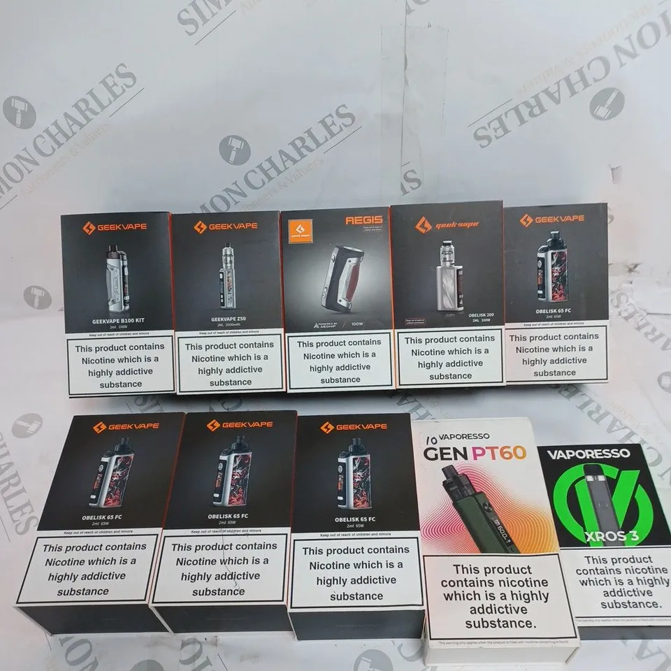 BOX OF APPROXIMATELY 10 ASSORTED E-CIGARETTE PRODUCTS & ACCESSORIES TO INCLUDE GEEK VAPE, & VAPORESSO 