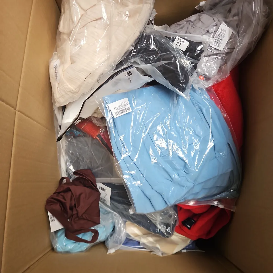 BOX OF APPROXIMATELY 20 ASSORTED CLOTHING ITEMS TO INCLUDE DRESS, BLAZER, TOPS, ETC