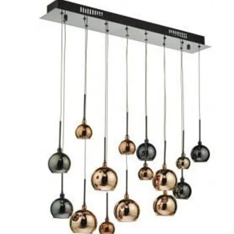 BOXED DAR LIGHTING AURELIA 15 LIGHT BAR PENDANT BLACK CHROME AND COPPER/ BRONZE GLASS