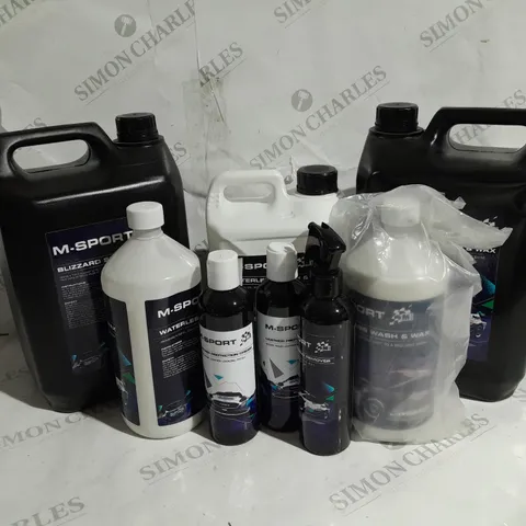 8 ASSORTED M-SPORT VEHICLE CLEANING PRODUCTS TO INCLUDE BLIZZARD SNOW FOAM 5 LITRE, WATERLESS WASH AND MAX 5 LITRE, LEATHER PROTECTION CREAM ETC.