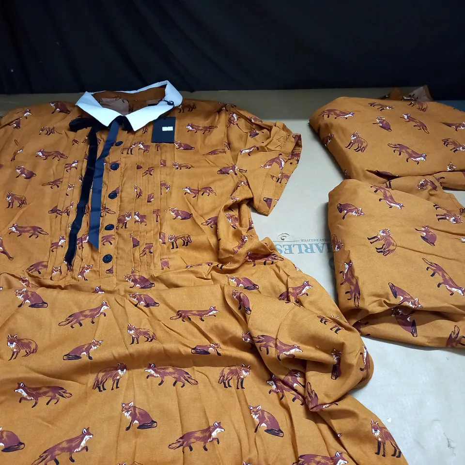 LOT OF 3 FOX THEMED BUTTON DETAIL DRESSES IN BROWN - VARIOUS SIZES