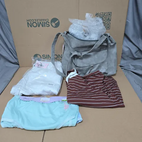 BOX OF APPROXIMATELY 20 ASSORTED CLOTHING ITEMS TO INCLUDE HAND BAG, FULL SIZE BRIEFS ETC
