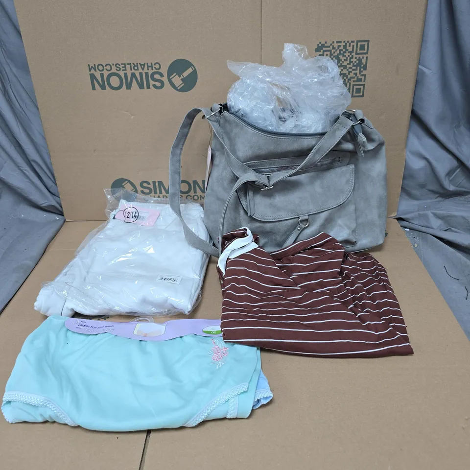 BOX OF APPROXIMATELY 20 ASSORTED CLOTHING ITEMS TO INCLUDE HAND BAG, FULL SIZE BRIEFS ETC