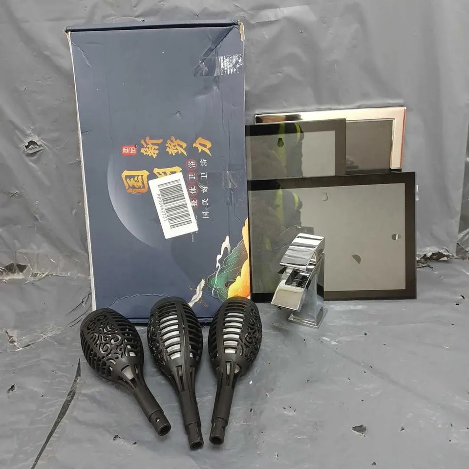 BOX OF APPROXIMATELY 10 ASSORTED ITEMS TO INCLUDE - SET OF 4 OUTDOOR LIGHTS - X3 PICTURE FRAMES - X2 TAPS - ETC