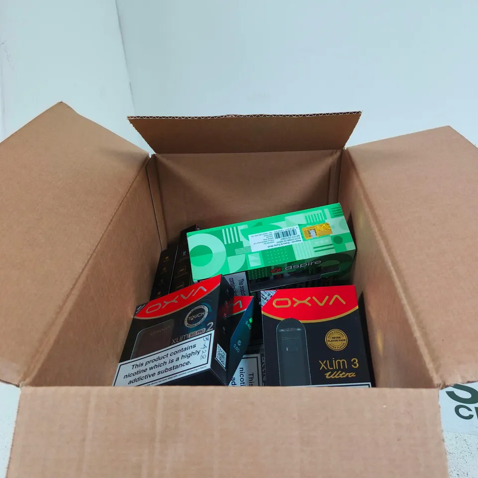 BOX OF APPROXIMATELY 25 ASSORTED E-CIGARETTES AND COMPONENTS TO INCLUDE ASPIRE MAGNUM, OXVA XLIM 3 ULTRA ETC