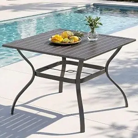 BOXED PHI VILLA PATIO TABLE W/UMBRELLA HOLE, BLACK METAL DINING TABLE FOR 4 | 37" WROUGHT IRON TABLE, WEATHER RESISTANT. SLATTED TABLE TOP DESIGN. (1 BOX)