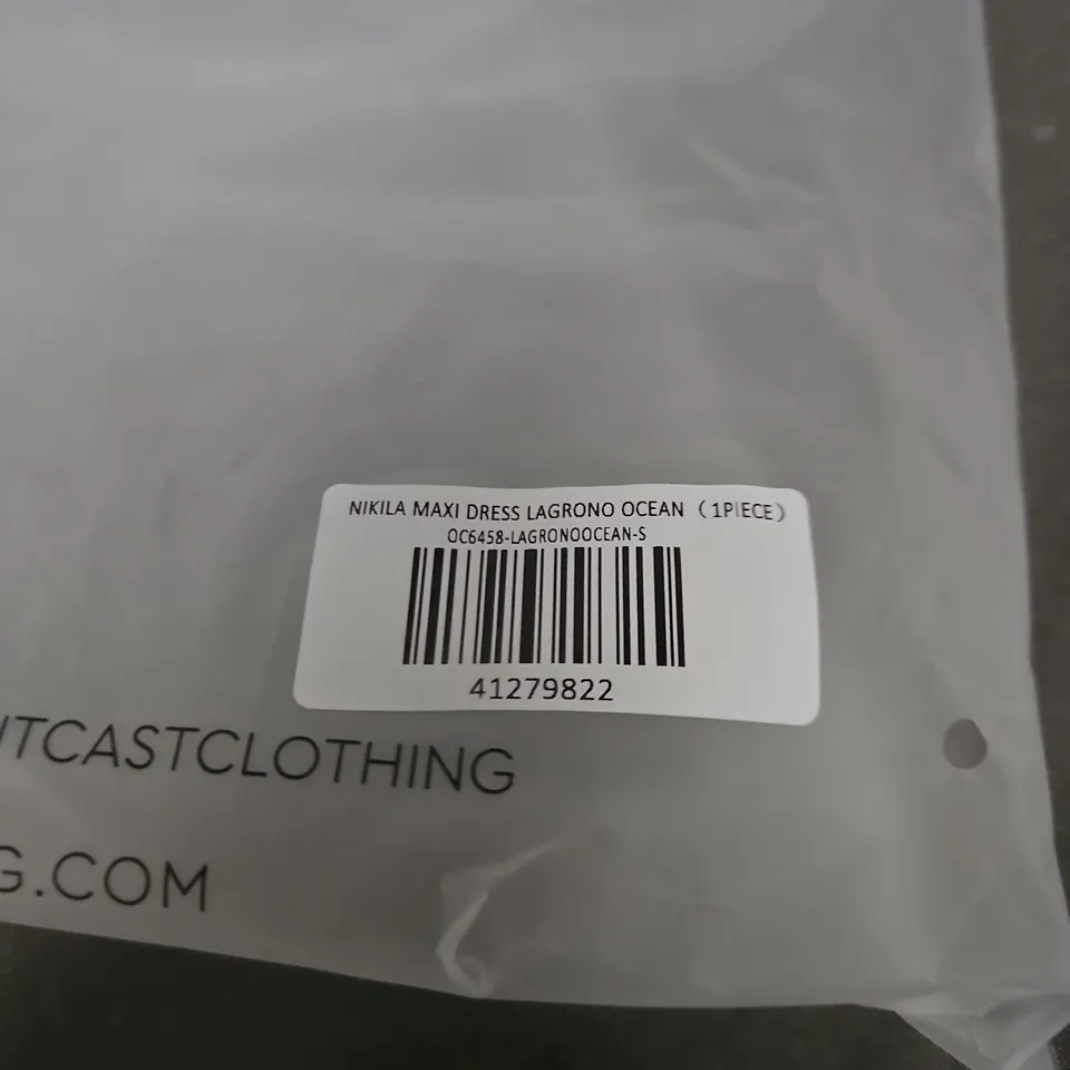 OUTCAST NIKILA MAXI DRESS – LAGOON OCEAN PRINT, SIZE S (VERIFY MODEL)