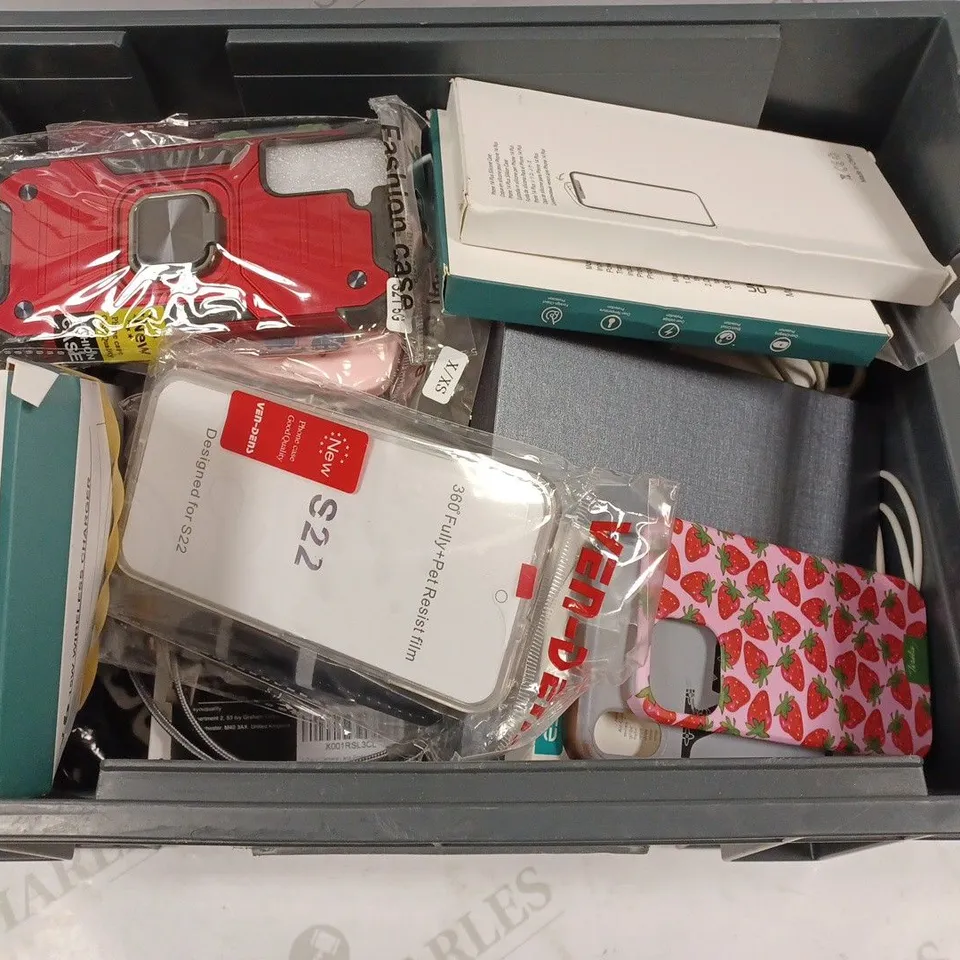 BOX TO CONTAIN APPROX. 25 X ASSORTED PHONE ACCESSORIES. INCLUDES PHONE CHARGERS, CASES AND SCREEN PROTECTORS. 