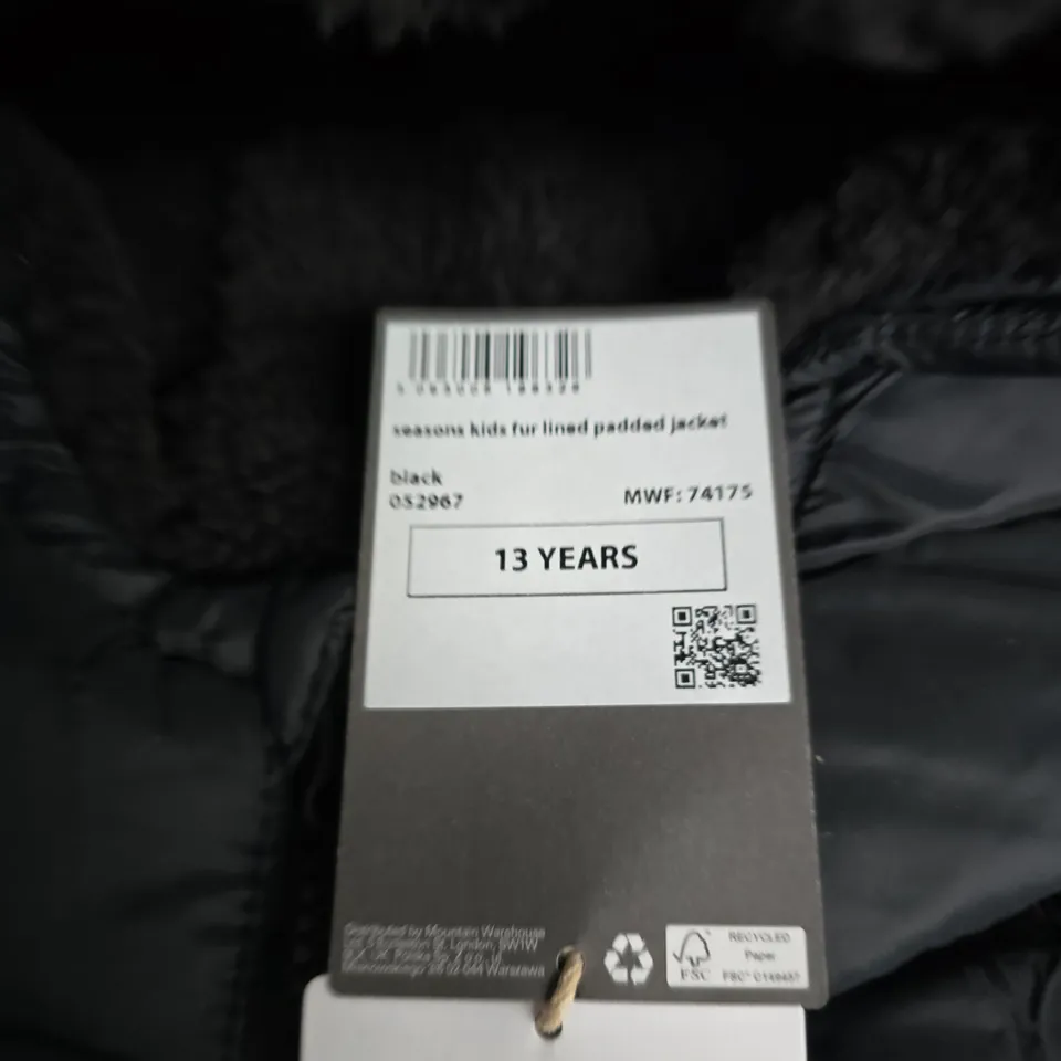 MOUNTAIN WAREHOUSE KIDS' BLACK PADDED JACKET – THERMAL ISOTHERM, WATER-RESISTANT, 13 YEARS