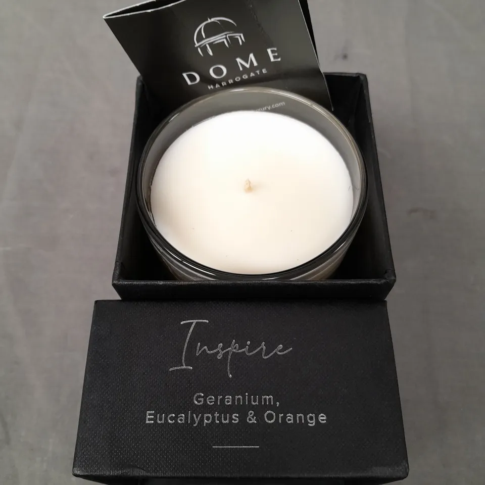 BOXED DOME HARROGATE GERANIUM EUCALYPTUS AND ORANGE SCENTED CANDLE