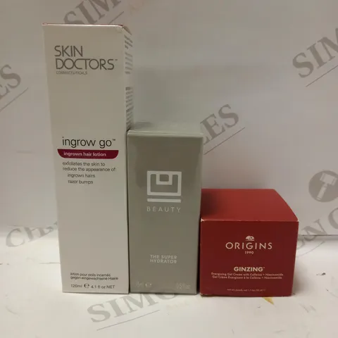 LOT OF 3 ASSORTED BEAUTY PRODUCTS TO INCLUDE SKIN DOCTORS INGROWN HAIR LOTION, U BEAUTY SUPER SMART HYDRATOR, GINZING ENERGIZING GEL CREAM