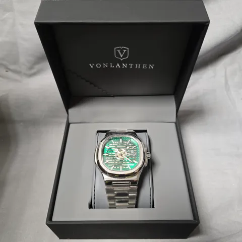 MENS VONLANTHEN AUTOMATIC WATCH – GREEN SKELETON DIAL – STAINLESS STEEL STRAP – GLASS EXHIBITION BACK CASE