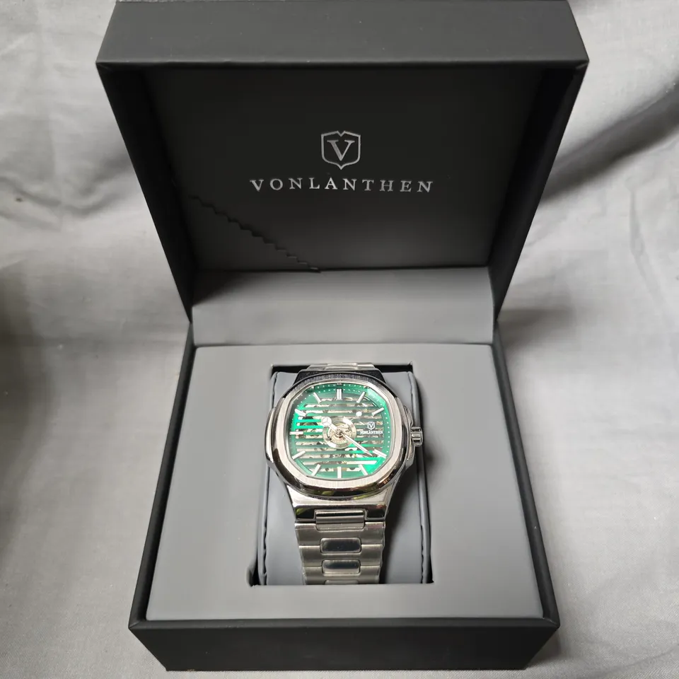 MENS VONLANTHEN AUTOMATIC WATCH – GREEN SKELETON DIAL – STAINLESS STEEL STRAP – GLASS EXHIBITION BACK CASE