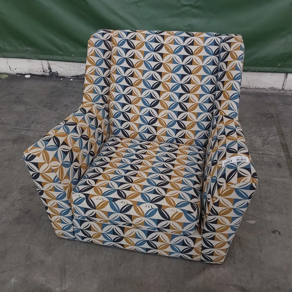 DESIGNER EASY CHAIR BLUE/GOLD/ BEIGE FABRIC 