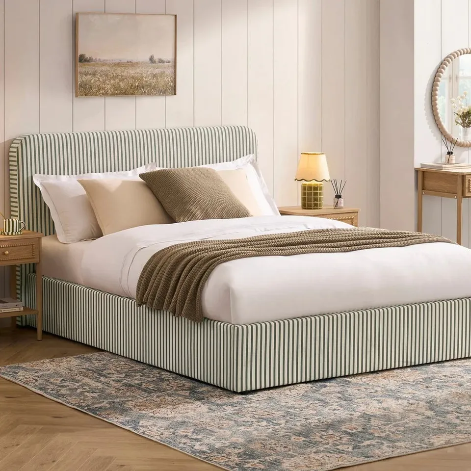 BOXED DUSK ASCOT OTTOMAN STORAGE BED - SAGE STRIPE // SIZE: 4FT6 DOUBLE (2 BOXES)