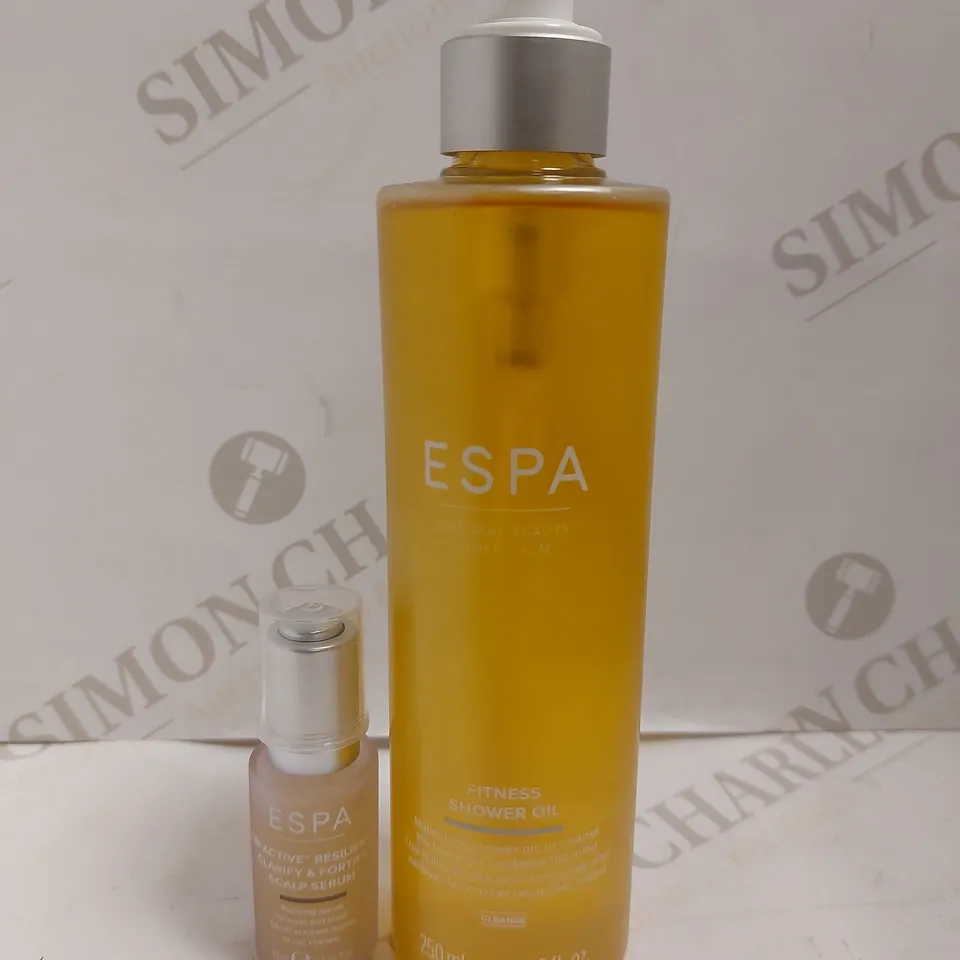 BOX OF 2 ESPA ITEMS TO INCLUDE FITNESS SHOWER OIL AND SCALP SERUM