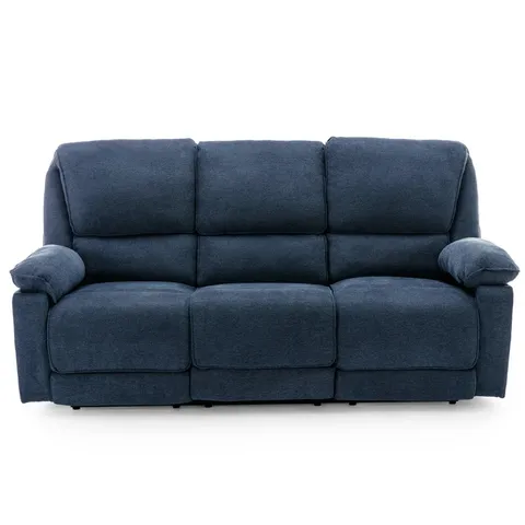 BOXED DESIGNER MANUAL 3 SEATER BLUE FABRIC RECLINER SOFA (1 BOX)