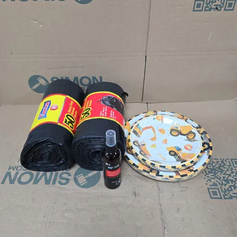 TOTE OF APPROXIMATELY 12 ASSORTED HOUSEHOLD ITEMS TO INCLUDE BIN BAGS, PAPERS PLATES, "CHRISTMAS MORNING" SPRAY ETC