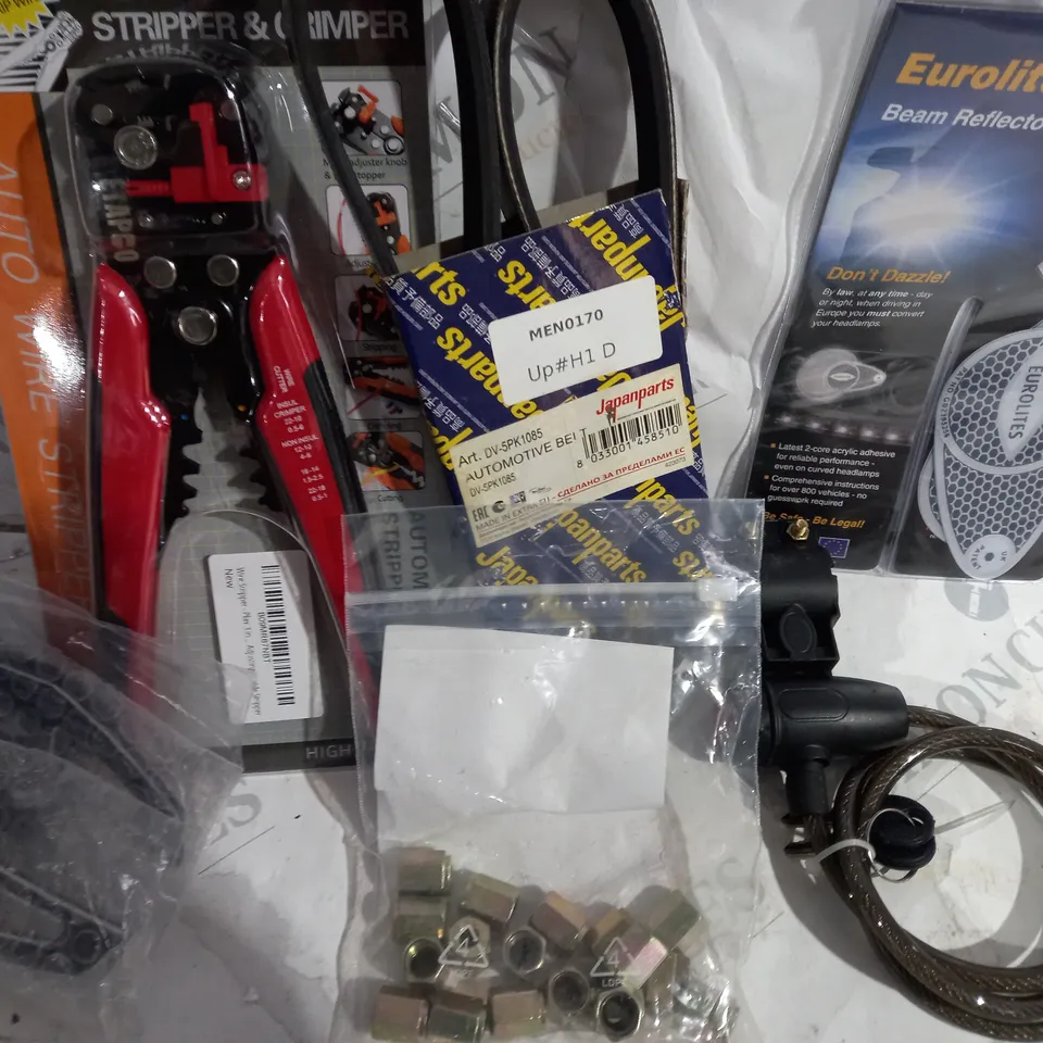 LOT OF ASSORTED ITEMS TO INCLUDE WIRE STRIPPER/  FAN BELT/ BIKE LOCK 