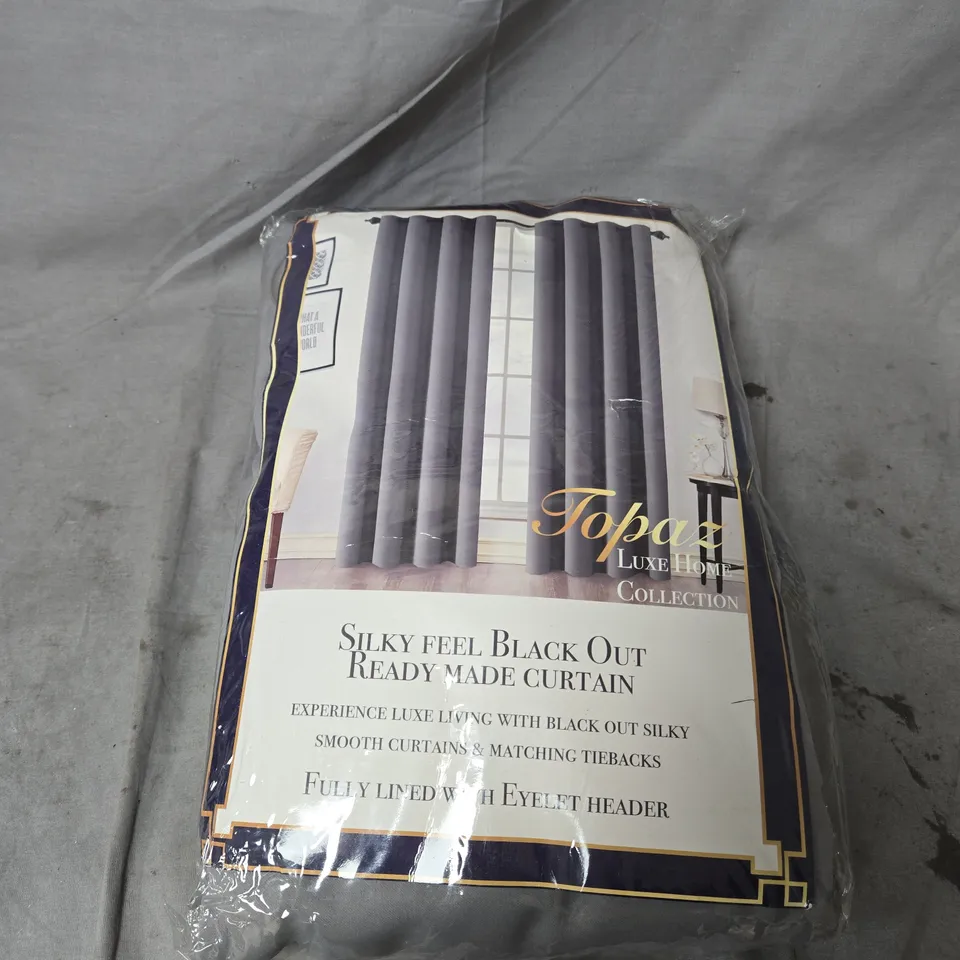 TOPAZ LUXE HOME COLLECTION EYELET CURTAINS IN GREY – SILKY FEEL BLACKOUT, FULLY LINED, 90 X 72 IN (228 X 183 CM)