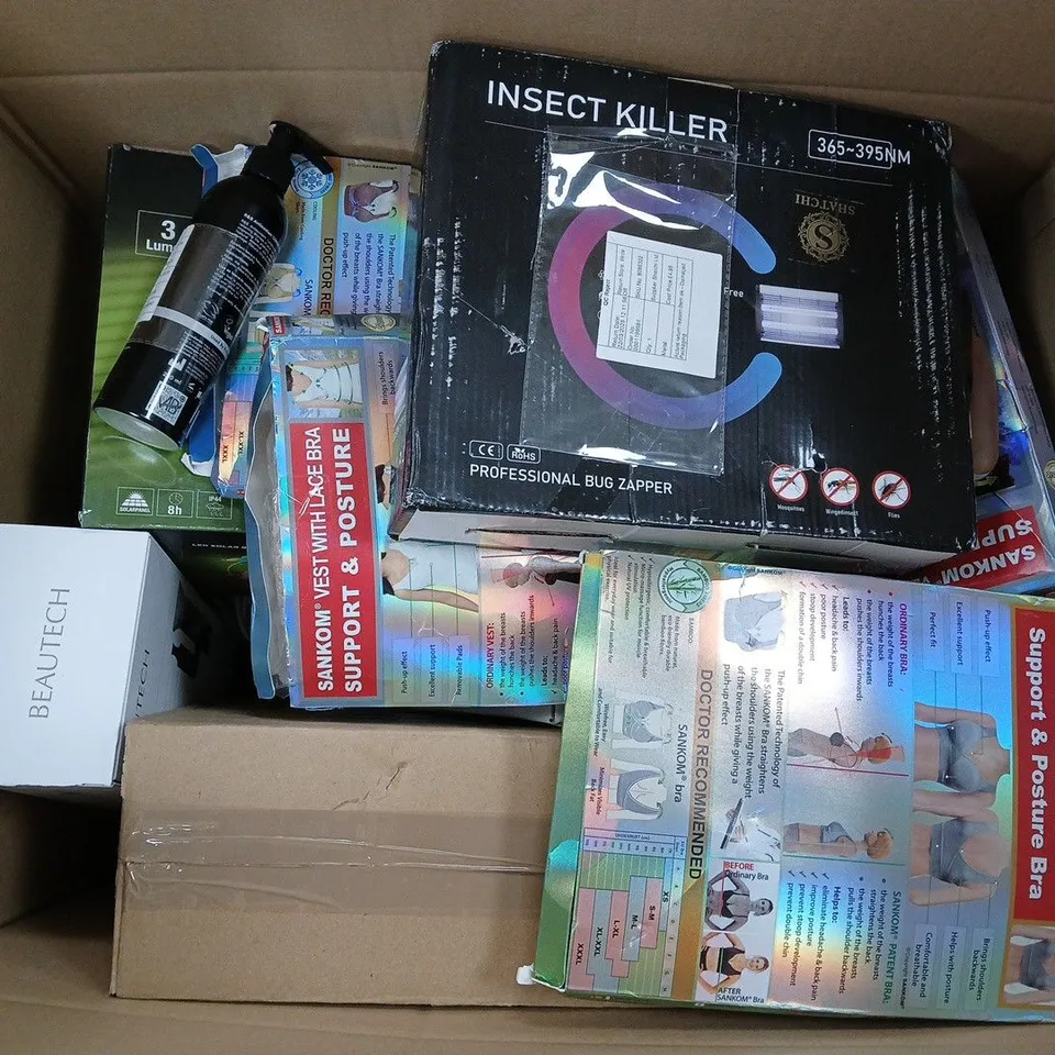 APPROXIMATELY 20 ASSORTED ITEMS TO INCLUDE FOLDABLE HAIR DRYER, SUPPORT & POSTURE BRA, INSECT KILLER, ETC