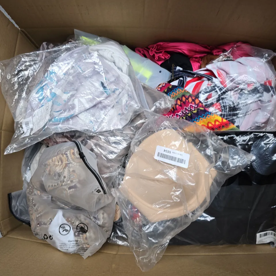 APPROXIMATELY 35 ASSORTED CLOTHING ITEMS IN VARIOUS SIZES, STYLES & COLOURS TO INCLUDE TOPS, BRAS, DRESSES, ETC - COLLECTION ONLY