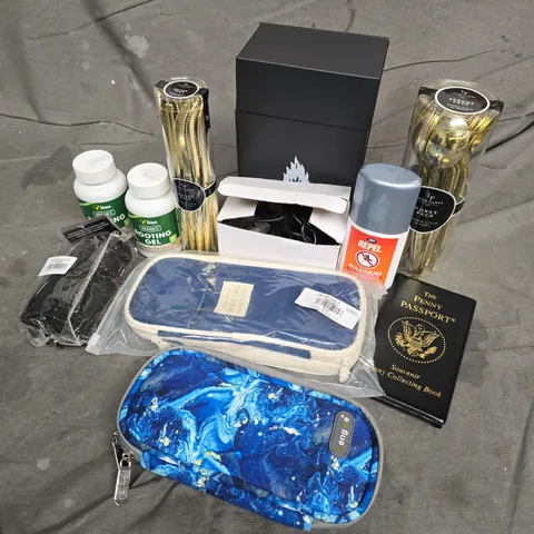 APPROXIMATELY 15 ASSORTED HOUSEHOLD ITEMS TO INCLUDE LUXE PARTY FORKS PACK, THE PENNY PASSPORT PENNY COLLECTING BOOK, ROOTING GEL, ETC