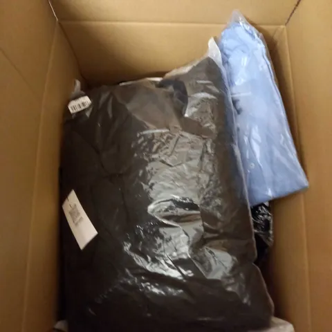 BOX OF ASSORTED CLOTHING ITEMS TOO INCLUDE DRESSES , SHIRTS AND TROUSERS IN VARIOUS SIZES AND COLOURS