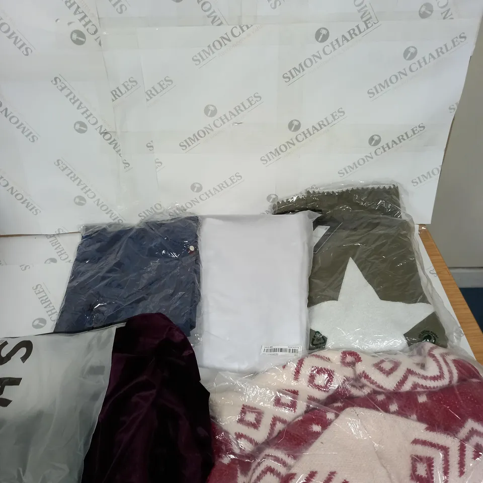 LARGE BOX OF ASSORTED CLOTHING ITEMS IN VARIOUS COLOURS AND SIZES INCLUDING TROUSERS , TOPS AND JUMPERS 