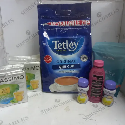 APPROXIMATELY 10 ASSORTED FOOD & DRINK PRODUCTS TO INCLUDE PRIME HYDRATION DRINK, TASSIMO GREEN TEA, TETLEY ORIGINAL 440 TEA BAG PACK ETC 